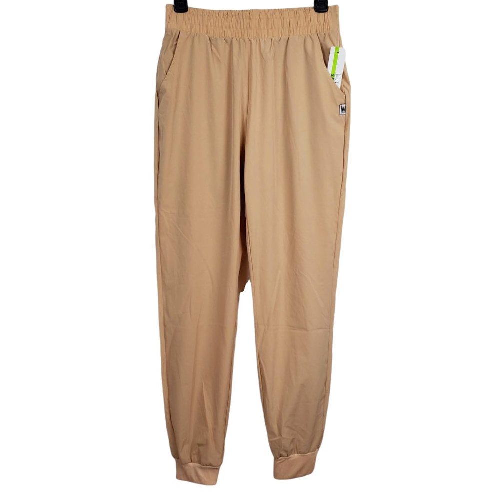 Nicole Miller Sport Womens Nylon Jogger Pants S Beige Tan Pockets High Rise